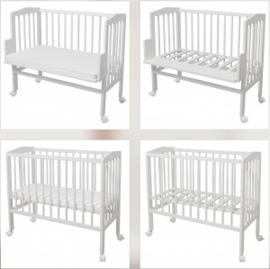 Patut pentru copii 2in1, 90 cm x 55 cm, lemn de fag, vopsea certificata, roti blocabile, laterala detasabila, co-sleeping, Saltea inclusa, Aparatoare laterala din bumbac, Baldacin cu Suport Metalic, Waldin, Equipment, Alb, 8S1