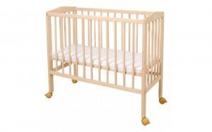 Patut pentru copii 2in1, 90 cm x 55 cm, lemn de fag, vopsea certificata, roti blocabile, laterala detasabila, co-sleeping, Saltea inclusa, Aparatoare laterala din bumbac, Baldacin cu Suport Metalic, Waldin, Equipment, Natural, 88