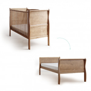 Patut Transformabil din Lemn Masiv de Pin, MDF, 140 x 70 cm, pentru copii si junior, vopsea certificata, 2 trepte de reglare inaltime, protectie theeter, 3 lamele detasabile, Woodies Safe Dreams, Noble, Vintage