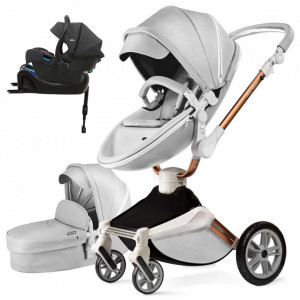 Set 4 in 1 - Carucior Hot Mom 360 Gri 2 in 1 + Scoica auto Joie i-Size i-Gemm 2 Shale + Baza isofix i-Base