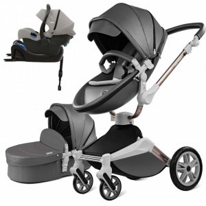 Set 4 in 1 - Carucior Hot Mom Dark-Grey 2 in 1 + Scoica auto Joie i-Size i-Gemm 2 Pebble + Baza isofix i-Base