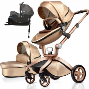 Set 4 in 1 - Carucior Hot Mom Premium Champagne 2 in 1 + Scoica auto Joie Gemm Foggy Grey, 0-13kg + Baza isofix i-Base