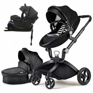 Set 4 in 1 - Carucior Hot Mom Premium Negru 2 in 1 + Scoica auto Joie i-Size i-Gemm 2 Shale + Baza isofix i-Base