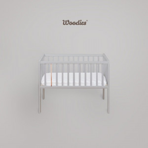 Set Patut pentru Copii, din Lemn de Pin Masiv, 90 x 40 cm, Woodies Safe Dreams, Crib Stardust Grey + Saltea pentru patut copii, husa cu fermoar, detasabila, Mykids, Cocos, Confort II, 90 x 40 x 8 cm