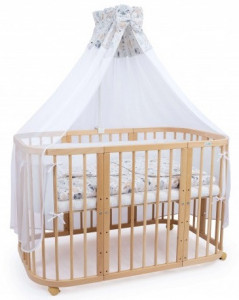 Set Patut Rotund Evolutiv pentru Copii, Multifunctional, 7in1, cu Saltele, Baldachin, Lenjerie si Aparatori Laterale, Transformabil, Masa de Schimbat, Co-Sleeping, Tarc de Joaca, Birou, Scaune, Waldin, Natural, Echipament Bufnite, 8P