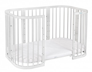 Waldin - Patut Rotund Evolutiv 7in1 Alb, Saltele Incluse, Transformabil, Masa de Schimbat, Co-Sleeping, Tarc de Joaca, Birou, Scaune