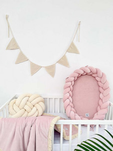 Babynest 2in1 pentru copii, cu margini impletite, din bumbac catifelat, Sparrow Velvet, Powder Pink