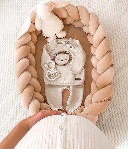 Babynest 2in1 pentru copii, cu margini impletite, din bumbac catifelat, Sparrow Velvet, Warm Beige