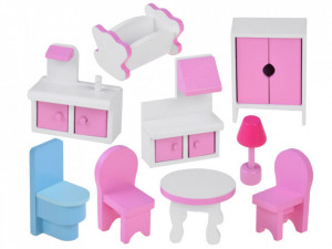Casuta din lemn pentru papusi, cu etaj si mansarda, lumini LED, accesorii, 70 x 60 x 24 cm, Jokomisiada, ZA4130
