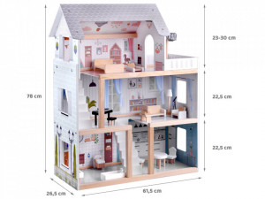 Casuta din lemn pentru papusi, cu etaj si mansarda, lumini LED, accesorii, 78 x 61,5 x 26,5 cm, Jokomisiada, ZA4131