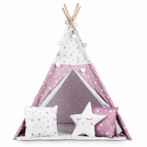 Cort de joaca pentru copii, cu fereastra, 3 perne, lumini, 120 x 120 x 165 cm, Nukido, Roz cu Stelute