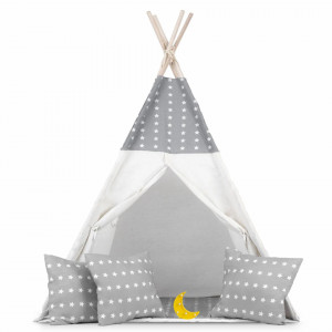 Cort de joaca pentru copii, cu fereastra, 3 perne, lumini, 120x120x165, Ricokids, Gri cu Alb si Stelute, 740400
