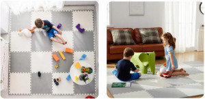 Covoras puzzle din spuma pentru copii, 180x180cm, 9 piese, Ricokids, Alb, Gri