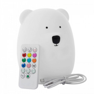 Lampa de Veghe pentru Copii, Urs, din Silicon, Moale, 9 lumini LED, alimentare USB, Lumina Reglabila, Telecomanda, Severno Bear, Alb