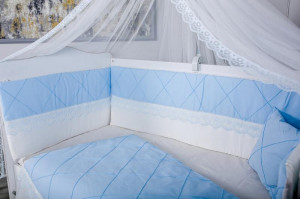 Lenjerie 11 piese pentru patut copii Squars alb-albastru cu baldachin 120x60 cm
