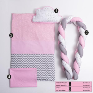 Lenjerie 6 piese pentru patut copii Gray-Pink fara baldachin 120x60