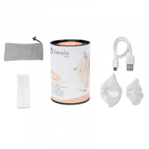 Lionelo - Aparat de aerosoli, pentru copii, Portabil, 2 masti incluse, Cu baterie incorporata, Autonomie de pana la 60 min., Cablu USB, >30 dB, Alb