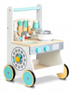 Mini bucatarie impingator pe roti, echipat cu cele mai importante lucruri, chiuveta, arzator, rafturi si alte accesorii, Ecotoys, 32 x 28.5 x 48.5 cm