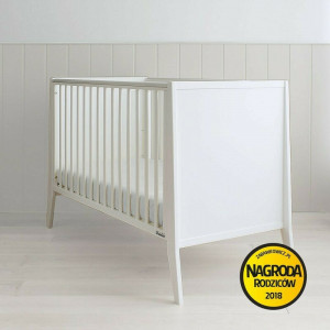 Patut Bebe Din Lemn de Pin Masiv, 120 x 60 cm, Design Impunator, Confortabil, Rezistent, 3 niveluri inaltime saltea, 3 lamele detasabile, protectie theeter, lemn de Pin, MDF, Woodies Safe Dreams, Cot Slim, Alb