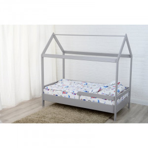 Patut din lemn pentru copii, Babyneeds Montesorri, Casuta, 160x80 cm, Gri