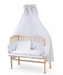 Patut pentru copii 2in1, 90 cm x 55 cm, lemn de fag, vopsea certificata, roti blocabile, laterala detasabila, co-sleeping, Saltea inclusa, Aparatoare laterala din bumbac, Baldacin cu Suport Metalic, Waldin, Equipment, Bufnite, P8