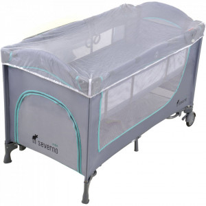 Patut pentru copii, pliabil cu etaj suplimentar, 120 x 60 cm, bara cu jucarii, masa de infasat, plasa de tantari, Severno, Comfort Plus, Grey Mint