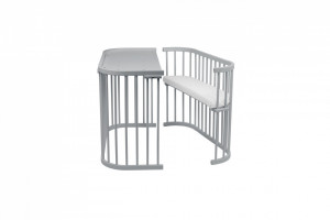 Patut Rotund pentru Copii, Multifunctional, Waldin, 5in1, cu Sistem de Leganare, Saltele Incluse, Co-Sleeper, Tarc de Joaca, Masa si Scaun pentru Activitati, Gri cu Echipament Roz
