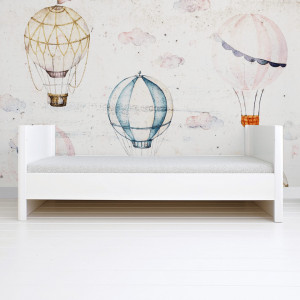 Patut Transformabil din Lemn Masiv de Pin, MDF, 140 x 70 cm, pentru copii si junior, vopsea certificata, 3 trepte de reglare inaltime, protectie theeter, 3 lamele detasabile, Woodies Safe Dreams, Smooth, Alb