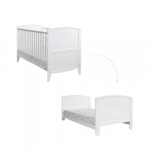 Patut Transformabil din Lemn Masiv de Pin, MDF, 140 x 70 cm, pentru copii si junior, vopsea certificata, 3 trepte de reglare inaltime, 3 lamele detasabile, Woodies Safe Dreams, Starlight , Alb