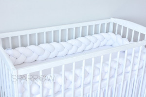 Protectie impletita pentru patut copii, din bumbac catifelat, Sparrow, Velvet White, 340 cm, Full 120 x 60 cm