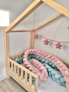 Protectie impletita pentru patut copii, din bumbac catifelat, Sparrow, Velvet Pink Powder , 200 cm