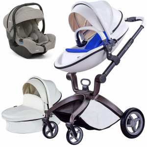 Set 3 in 1 - Carucior Hot Mom Premium Alb 2 in 1 pernita albastra + Scoica auto Joie i-Size i-Gemm 2 Pebble