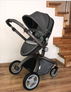 Set 4 in 1 - Carucior Copii Hot Mom Premium Dark Grey 2 in 1 + Scoica auto Joie Gemm Navy Blazer , 0-13kg + Baza isofix i-Base