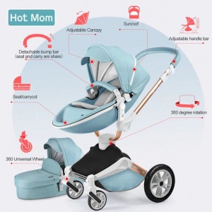 Set 4 in 1 - Carucior Hot Mom 360 Blue 2 in 1 + Scoica auto Joie Gemm Navy Blazer, 0-13kg + Baza isofix i-Base