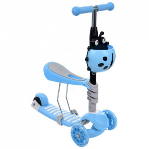 Trotineta 3 roti cu scaun detasabil, pentru copii, roti cu lumini, ghidon reglabil, pivotant, Severno, Lady Bug, Blue