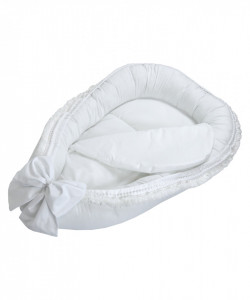 Babynest pentru copii, 86 x 50 cm, Koell, Boho, Alb, cu Ciucuri Scurti, cu Saltea suplimentara