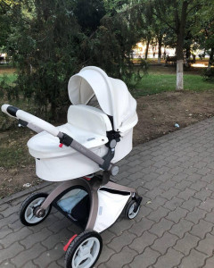 Carucior Copii Hot Mom Premium 2 in 1 Alb, varsta intre 0 si 36 luni, compus din Cadru, Landou si Modul Sport, Pernita Roz
