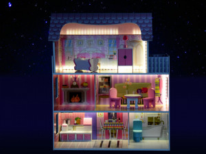 Casuta din lemn pentru papusi, cu etaj si mansarda, lumini LED, accesorii, 70 x 60 x 24 cm, Jokomisiada, ZA4130