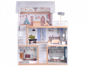 Casuta din lemn pentru papusi, cu etaj si mansarda, lumini LED, accesorii, 78 x 61,5 x 26,5 cm, Jokomisiada, ZA4131