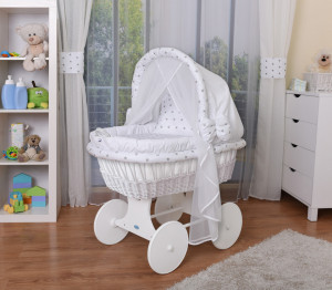 Cosulet din rachita, pentru bebe, cu saltea, patura 80 x 80 cm, baldachin, perna, Waldin, Alb, 8s1