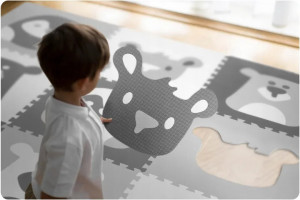 Covoras puzzle din spuma pentru copii, Ricokids, 180x180cm, 9 piese, Grey Animals