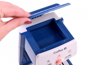 Jucarie pentru bucatarie, Cafetiera, cu rezervor pentru apa, buton functional, efect de sunet, lumini, cu accesoriu Cana, Albastra