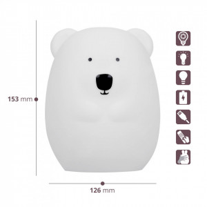 Lampa de Veghe pentru Copii, Urs, din Silicon, Moale, 9 lumini LED, alimentare USB, Lumina Reglabila, Telecomanda, Severno Bear, Alb