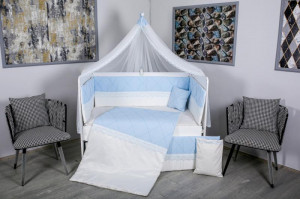 Lenjerie 11 piese pentru patut copii Squars alb-albastru cu baldachin 120x60 cm
