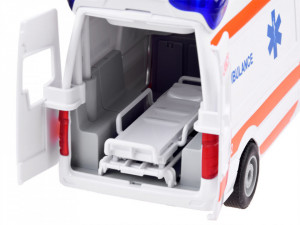 Masinuta de jucarie, Ambulanta, cu lumini si sunete, usa, targa pentru brancardier, 37 cm