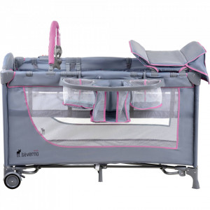 Patut pentru copii, pliabil cu etaj suplimentar, 120 x 60 cm, bara cu jucarii, masa de infasat, plasa de tantari, Severno, Comfort Plus, Grey Pink