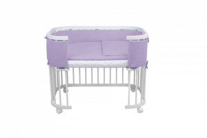 Patut Rotund pentru Copii, Multifunctional, Waldin, 5in1, cu Sistem de Leganare, Saltele Incluse, Co-Sleeper, Tarc de Joaca, Masa si Scaun pentru Activitati, Alb cu Echipament Mov