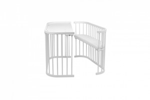 Patut Rotund pentru Copii, Multifunctional, Waldin, 5in1, cu Sistem de Leganare, Saltele Incluse, Co-Sleeper, Tarc de Joaca, Masa si Scaun pentru Activitati, Alb cu Echipament Roz
