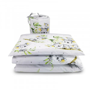 Qmini - Lenjerie patut pentru copii, 3 piese, Cu protectie laterala, Koala Bear Grey, Din bumbac, Pentru patut 120x60 cm