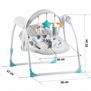 Ricokids - Leagan electric pentru copii, Temporizator, 5 viteze de leganare, 10 melodii, Bara cu jucarii, Alimentare priza si baterii, Turcoaz
